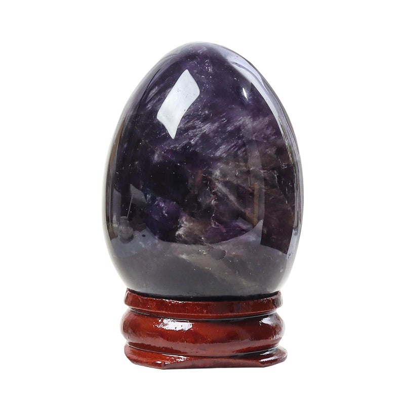 Fekuar Stone Egg Figurine, Polished Healing Crystal Easter Eggs Sphere Sculpture with Wood Stand, Natural Amethyst, 1.8" - Image 2